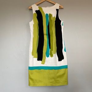 EUC painted lines of black, blue and green Chetta B dress size 10